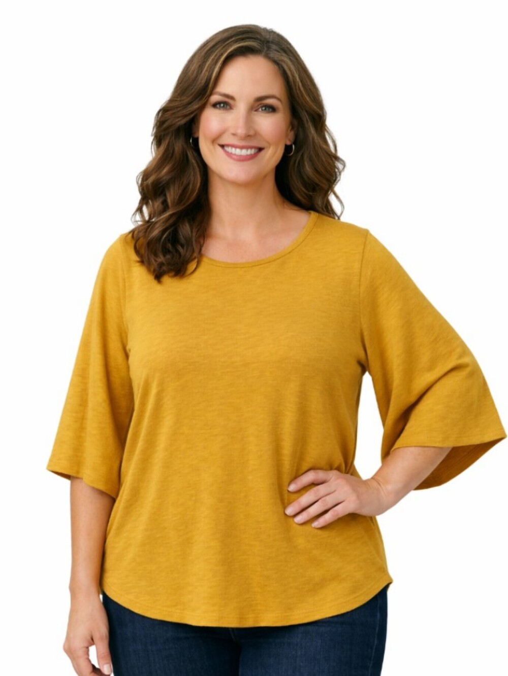 ✨"Point Sur" Very Pretty Gold Flutter‑Sleeve Gold Jersey Top (Size L) ✨